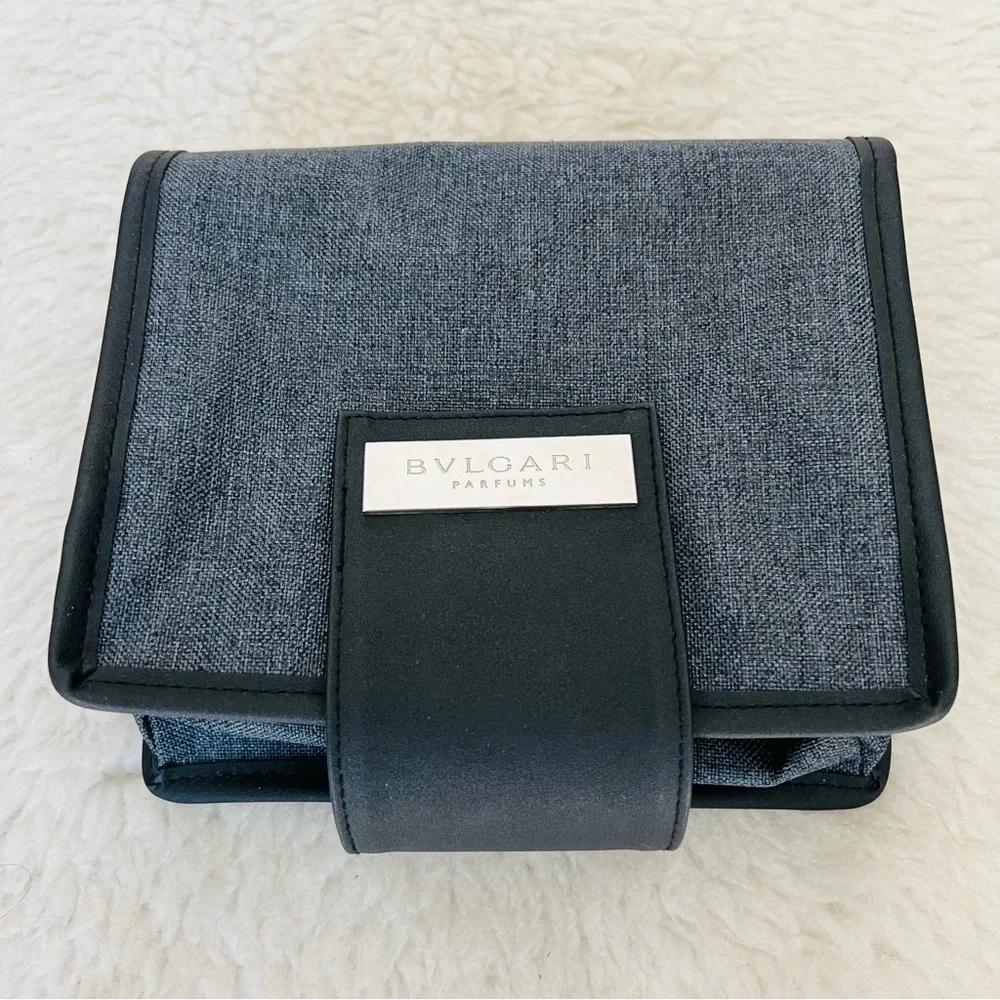Bvlgari Parfume Black Leather Gray Canvas Bifold Cosmetic Novelty Pouch Case
